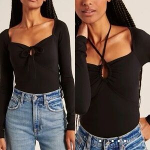 Long-Sleeve Black Tie-Front Bodysuit